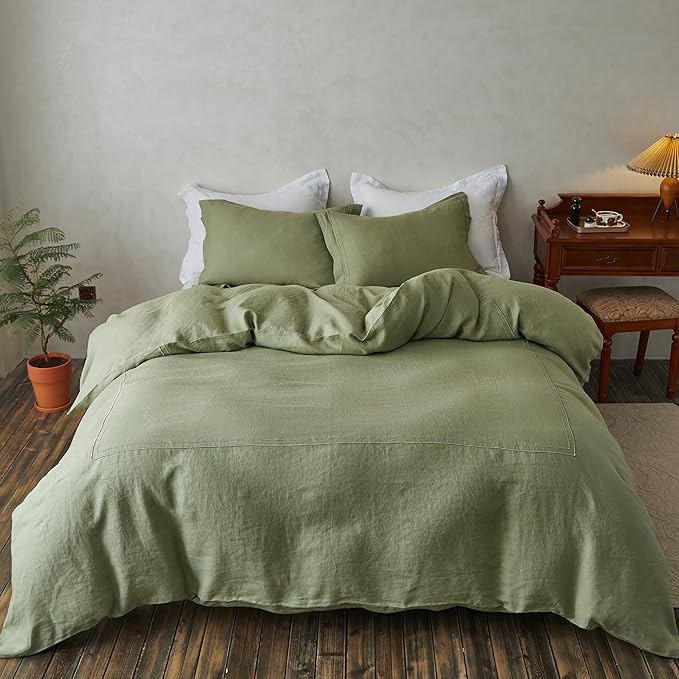 Simple&Opulence 100% Washed Linen Duvet Cover Set 104"x92" - 3 Pieces Soft Farmhouse Comforter Set Double Embroidered with Button Closure - 1 Duvet Cover and 2 Pillowshams (Sage Green, King)