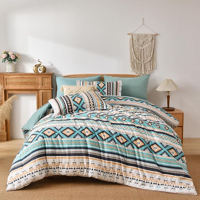 Dinjoy Boho King Size Bed in A Bag 7 Pieces,Turquoise Orange Comforter Set Aztec Striped Bedding Set Bohemian Complete Set Geometric Spring Comforters for Women Men 90"×104"