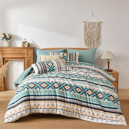 Dinjoy Boho King Size Bed in A Bag 7 Pieces,Turquoise Orange Comforter Set Aztec Striped Bedding Set Bohemian Complete Set Geometric Spring Comforters for Women Men 90"×104"