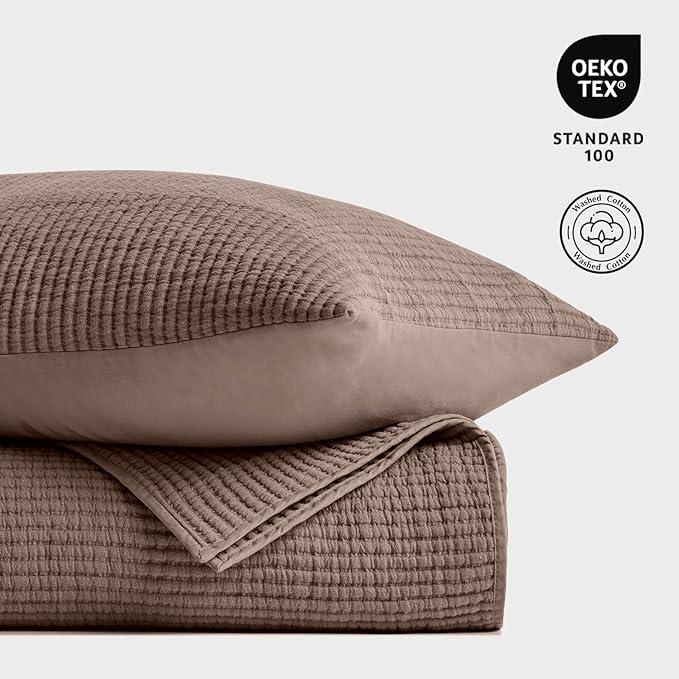 EVERGRACEHOME Cotton Coverlet Set Full Queen Size 3 Pieces, Lightweight Soft Ribbed Matelassé Bedspread Quilt Set, Cozy Oversized Quilted Bedding Set with 2 Pillow Shams for All Seasons, Mocha Brown