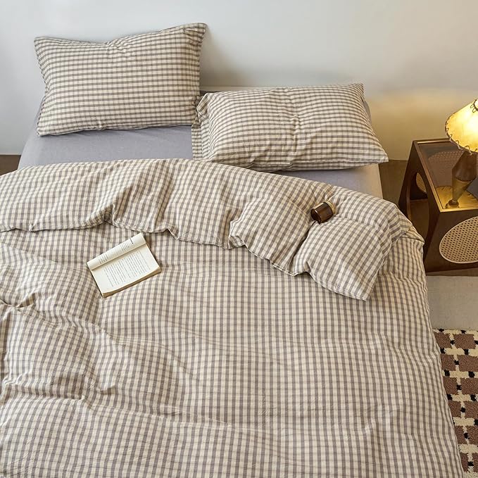 LifeTB Grey Gingham Duvet Cover Full Size 3 Pieces Grey Beige Grid Duvet Cover 100% Washed Cotton Plaid Checkered Comforter Cover Luxury Soft Breathable Farmhouse Gingham Bedding Set Full