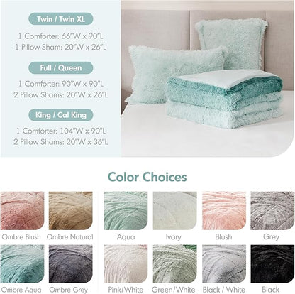 Intelligent Design Brielle, Long Shaggy Faux Fur Comforter Set, Plush Reverse, Trendy Ombre Design, Modern, Cozy All Season Bedding, Matching Sham, Twin/Twin XL(66"x90") Aqua 2 Piece