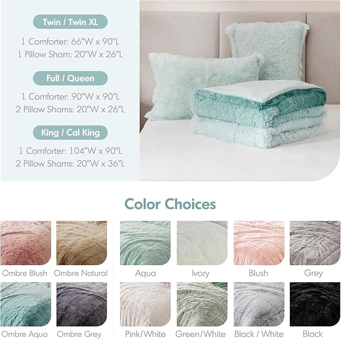 Intelligent Design Brielle, Long Shaggy Faux Fur Comforter Set, Plush Reverse, Trendy Ombre Design, Modern, Cozy All Season Bedding, Matching Sham, Full/Queen(90"x90") Aqua 3 Piece