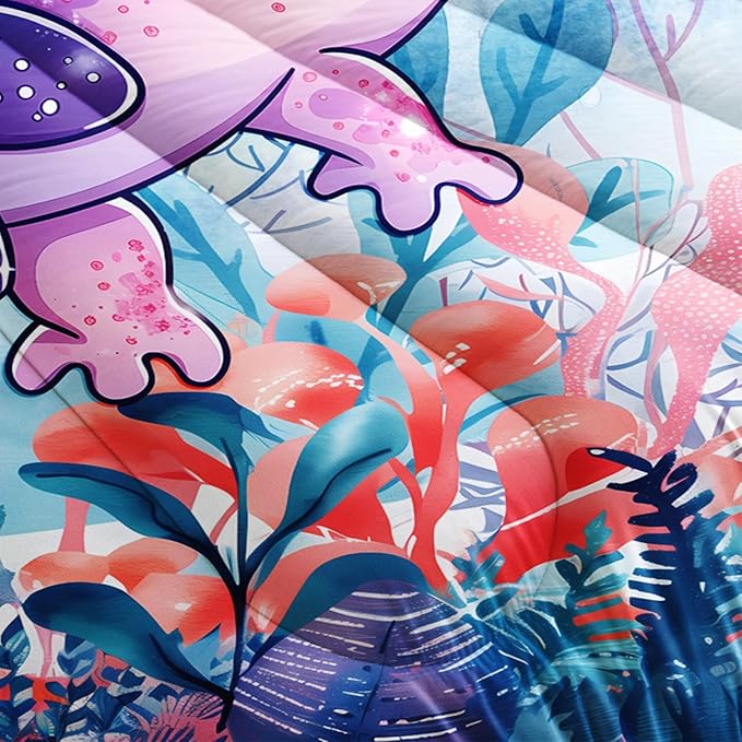 Cute Axolotl Bedding Set Queen Size,Color Axolotl Waterweed Jellyfish Pattern Toddler Bed Comforter Set,Kawaii Ocean Life Bedding Sets for Kids Boys Girls Room Decor with 2 Pillowcases.