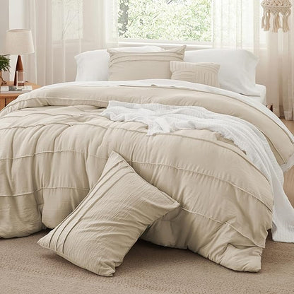Bedsure Twin Comforter Set - 3 Pieces Pinch Pleat Bed Set, Linen Boho Bedding for All Season, 1 Soft Comforter, 1 Pillowcase, 1 Decorative Pillow