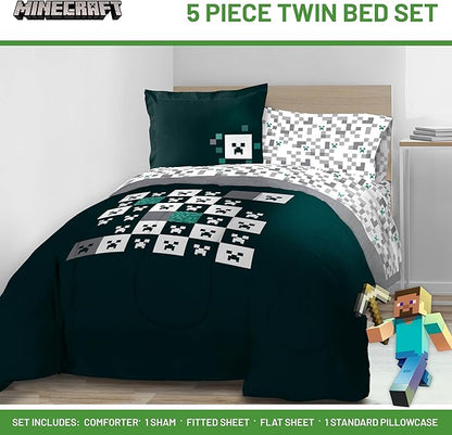 Jay Franco Minecraft Creeper Twin Comforter Set - 5 Piece Gamer Bedding Includes Sheet Set & Pillow Covers - Super Soft Checkered Bedding