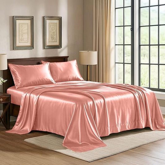 Satin Sheets California King [4-Piece, Blush Pink] Hotel Luxury Silky Bed Sheets - Extra Soft Microfiber Sheet Set, Wrinkle, Fade, Stain Resistant - Deep Pocket Fitted Sheet, Flat Sheet, Pillow Cases