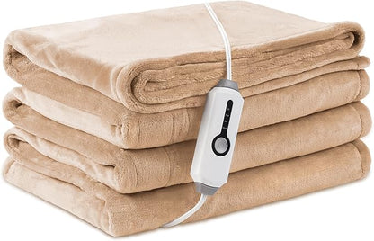 Electric Heated Blanket Throw Size 50"×60", Breathable & Luxurious Flannel, Soft Warm Gift with Over-Heat Protection, 4 Heating Levels & 3 H Auto Shut Off, Machine Washable, Light Brown