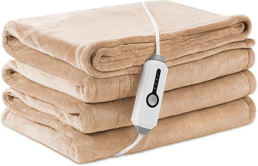 Electric Heated Blanket Twin Size 62"×84", Breathable & Luxurious Flannel, Soft Warm Gift with Over-Heat Protection, 4 Heating Levels & 10 H Auto Shut Off, Machine Washable, Light Brown