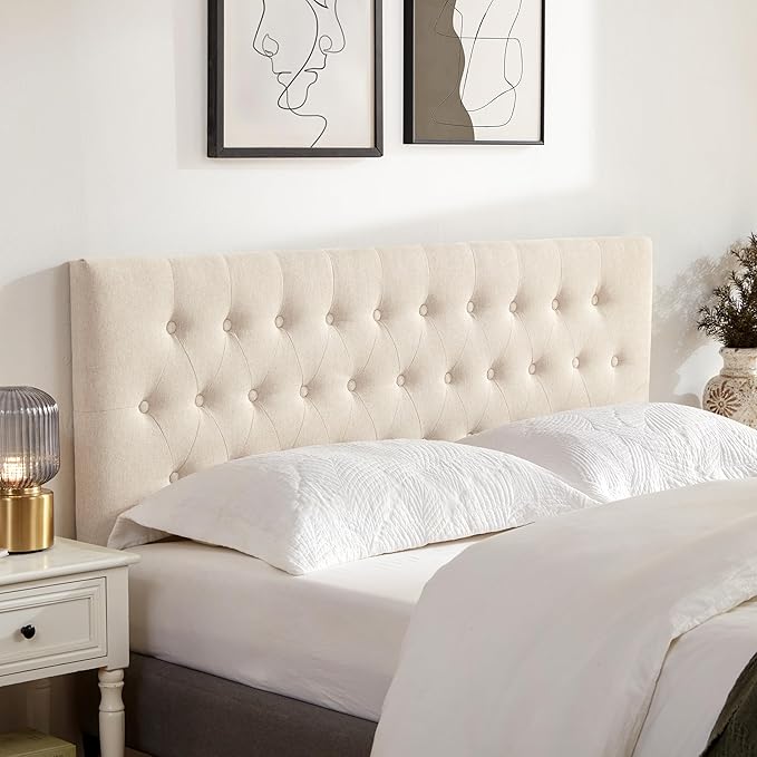 Tufted Upholstered Headboard Twin Size, Adjustable Height 37- 51 in, Beige | Sturdy and Durable Solid Wood Twin XL Headboard, Fabric Twin Headboard Only, Modern Button Diamond Design Head Board