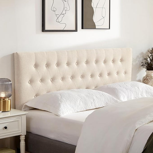 Tufted Upholstered Headboard Twin Size, Adjustable Height 37- 51 in, Beige | Sturdy and Durable Solid Wood Twin XL Headboard, Fabric Twin Headboard Only, Modern Button Diamond Design Head Board