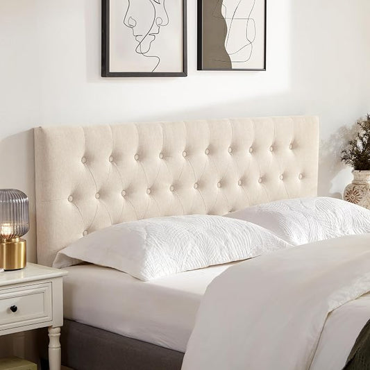 Tufted Upholstered Headboard King Size, Adjustable Height 37- 51 in, Beige | Sturdy and Durable Solid Wood Bed Headboard, Fabric King Headboard Only, Modern Button Diamond Design Head Board