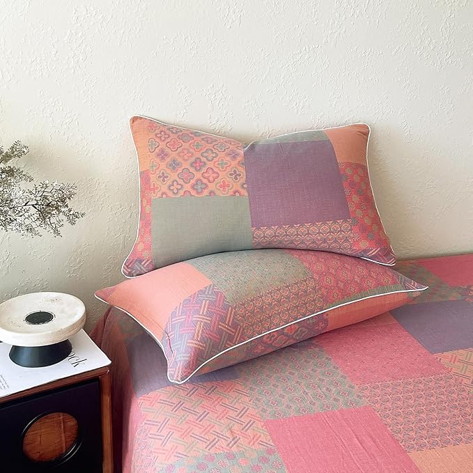 mixinni 100% Cotton Double Layer Yarn Duvet Cover Set, Vintage Patchwork Floral Jacquard Textured Comforter Cover, Reversible Boho Bedding Set with Pillowcases for All Season-Queen Size