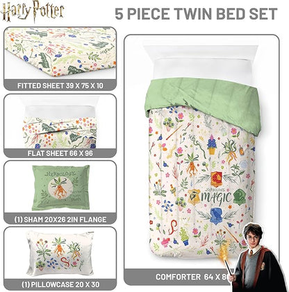Jay Franco Harry Potter Twin Size Comforter Set - 5 Piece Bedding Includes Sheet Set & Pillow Covers - Super Soft Hogwarts Herbology Bedding
