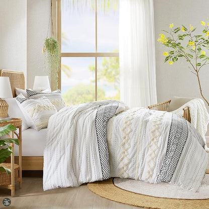 Hyde Lane Farmhouse Bedding Comforter Sets, Ivory Full/Queen Size Boho Bed Set,Cotton Top with Modern Neutral Style Clipped Jacquard Stripes, 3-Pieces Including Pillow Shams (90x90 Inches)