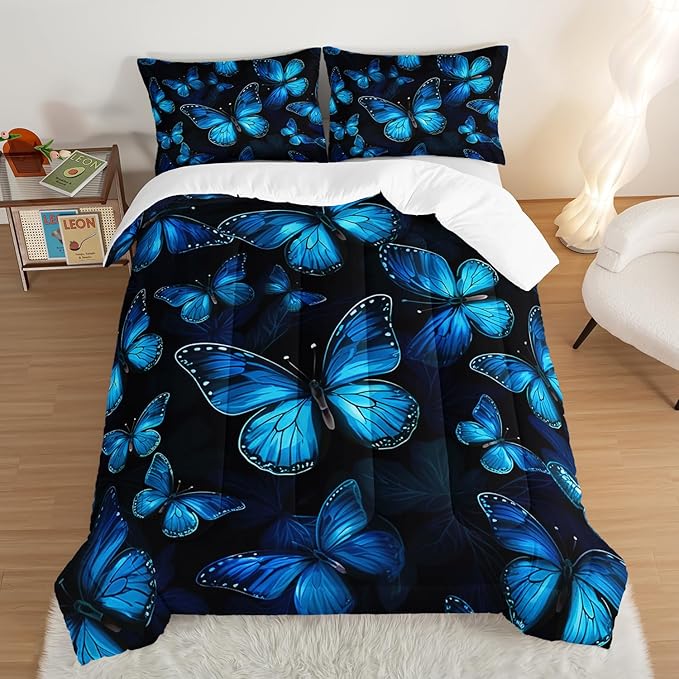 Dream Blue Butterfly Comforter Set King Size,Boho Bedding Comforter Sets for Kids Boys Girls Bedroom Decor Aesthetic,Animal Themed Bedding Soft Fluffy Comforter Sets with 2 Pillowcases.
