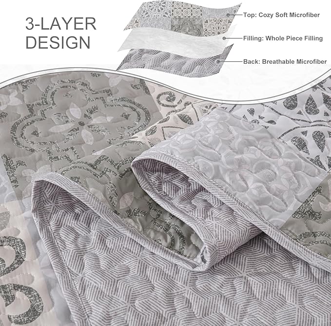 Dobuyly Queen Size Quilt Set Boho Grey Beige Plaid Patchwork Bedspreads Coverlet Set, 3 Pieces Reversible Lightweight Microfiber Neutral Quilt Bedding Set for All Seasons 96"x90"