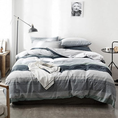 VM VOUGEMARKET Striped Duvet Cover Full,3 Pieces Blue Gray Duvet Cover Sets-100% Cotton Modern Simple Comforter Cover with Zipper for Teens Boys Men-80x90 Inch