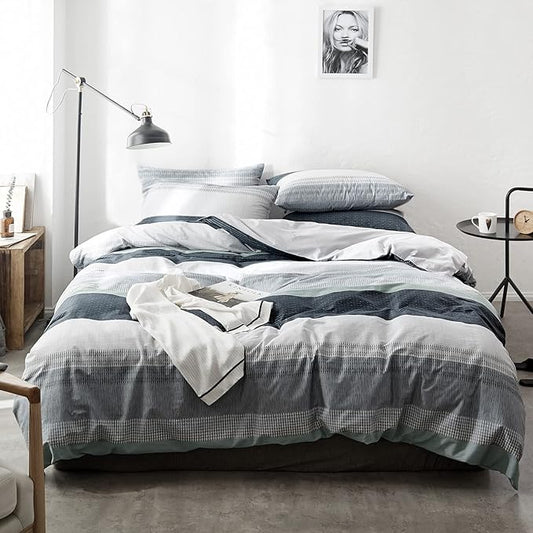 VM VOUGEMARKET Striped Duvet Cover Full,3 Pieces Blue Gray Duvet Cover Sets-100% Cotton Modern Simple Comforter Cover with Zipper for Teens Boys Men-80x90 Inch