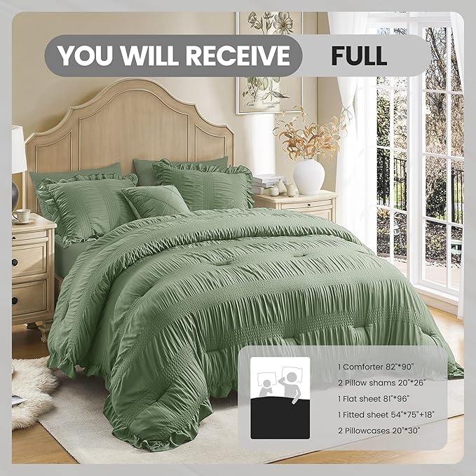 QUIETSEA Full Comforter Set Seersucker 7 Pieces Luxury Ruffle Bed in a Bag Full Size for All Season Green Bedding Set with Comforter, Pillowcases, Flat Sheet, Fitted Sheet and Pillow Shams