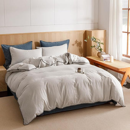 VM VOUGEMARKET Grey Blue Striped Duvet Cover King Yarn Dyed Muslin Cotton Duvet Cover with Embroidered Edge Super Soft Cozy Bedding Set for Men Women,King Size