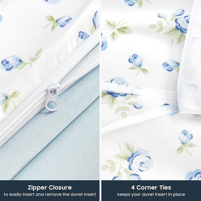 Wake In Cloud - Coquette Duvet Cover Set, Floral Cottagecore Flower Shabby Chic Cute Aesthetic, Soft Lightweight Bedding for Women Teen Girls, 3-Piece, White Blue, Queen Size