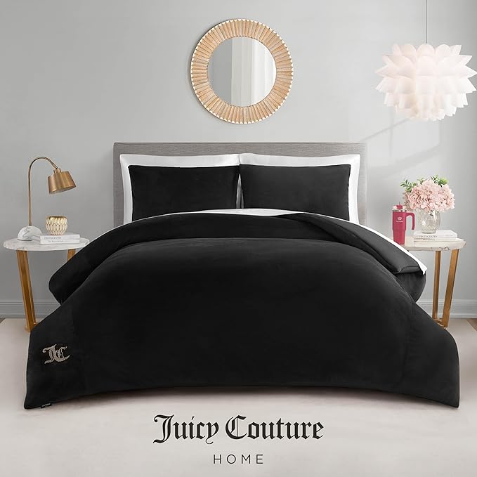 Juicy Couture Black Velour King Comforter Set - 3 Piece Luxury Bedding Ensemble