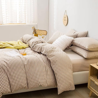mixinni Tan Gingham Comforter Set King, Plaid Comforter Set 3 Pieces 1 Beige Grid Comfoter with 2 Pillow Cases for All Seasons, Soft Fluffy Modern Grid Pattern Printed Bedding-King Size