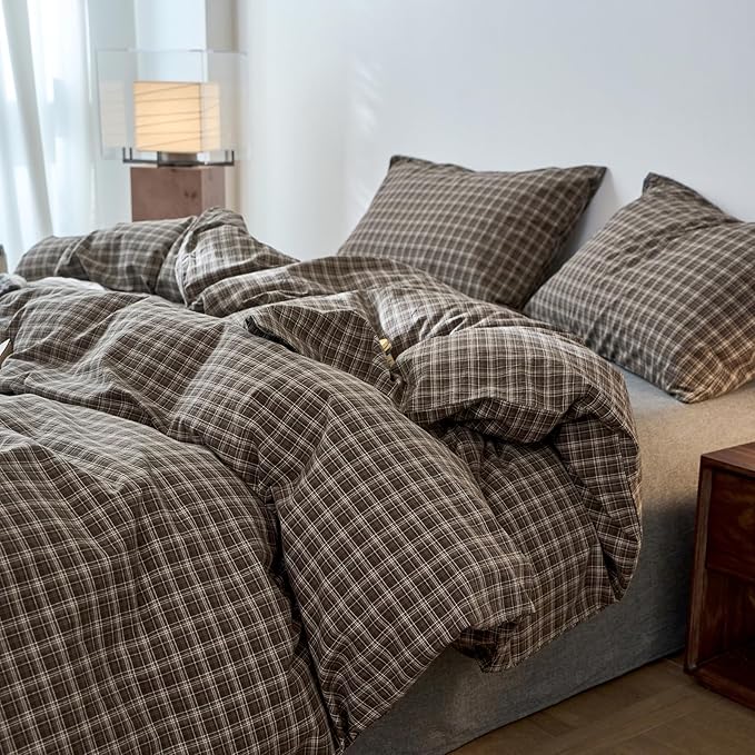 Plaid King Size Duvet Cover Set Brown Washed Cotton King Size Comforter Cover Soft Boho Pattern Taupe Duvet Cover Set with 2 Pillow Cases Checkered Zipper Bedding Set Farmhouse Duvet Protector