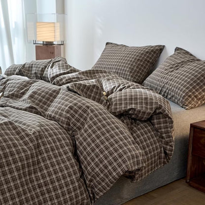 LifeTB Brown Plaid Duvet Cover Set Twin, 100% Washed Cotton Buffalo Grid Duvet Cover, Vintage Checkered Plaid Comforter Cover with Zipper Closure, Breathable Farmhouse Gingham Bedding Set