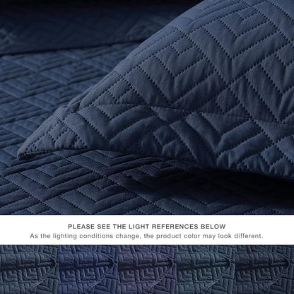 EXQ Home Quilt Set King Size Navy 3 Piece,Lightweight Soft Coverlet Modern Style Squares Pattern Bedspread Set(1 Quilt,2 Pillow Shams)