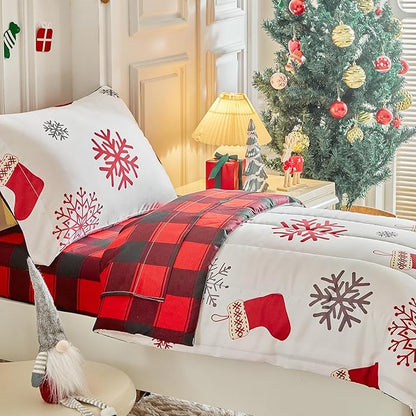 Christmas Toddler Bedding Set for Boys Girls Red White Sock Colorful Holiday 4PC Toddler Bed Set - Cute Toddler White Bed in a Bag with Gray Red Snowflake