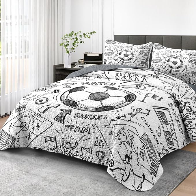 Quilt Set Twin Size, Game Soccer Painting 2 Pcs Soft Bed Cover Bedding Set for Kids and Adults, Football Ball Cup Sport Lightweight Bedspread Coverlet with Pillow Sham for All Season