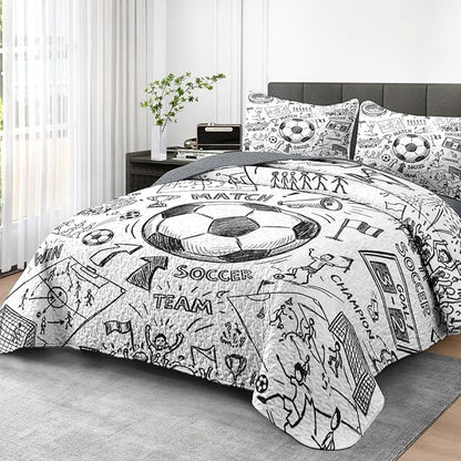 Quilt Set King Size, Game Soccer Painting 3 Pcs Soft Bed Cover Bedding Set for Kids and Adults, Football Ball Cup Sport Lightweight Bedspread Coverlet with Pillow Sham for All Season