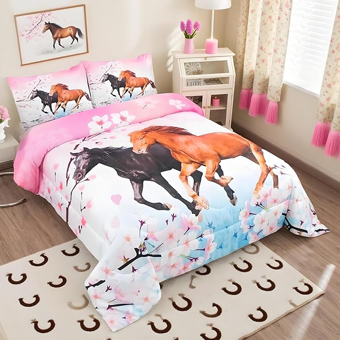 Feelyou Girls Horse Comforter Set King Size Chic Pink Cherry Blossom Bedding Set for Horse Lover Gift Farmhouse Comforter 3D Wild Animal Quilted Bedroom Decor 3Pcs