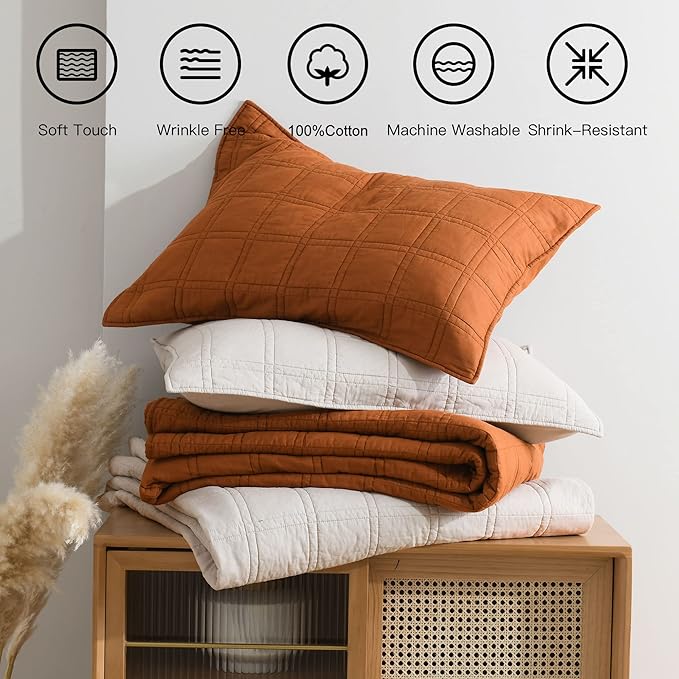HORIMOTE HOME 100% Cotton Quilt Twin Size Burnt Orange Bedspread, Pre-Washed 2-Piece Cozy Lightweight Stitching Bedding Cover Coverlet Set with 1 Sham in Geometric Pattern for All Season