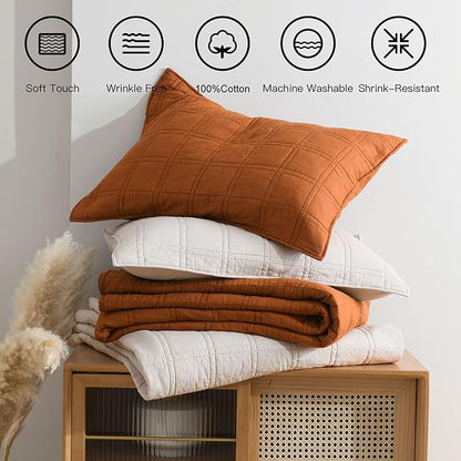 HORIMOTE HOME 100% Cotton Quilt Twin Size Burnt Orange Bedspread, Pre-Washed 2-Piece Cozy Lightweight Stitching Bedding Cover Coverlet Set with 1 Sham in Geometric Pattern for All Season