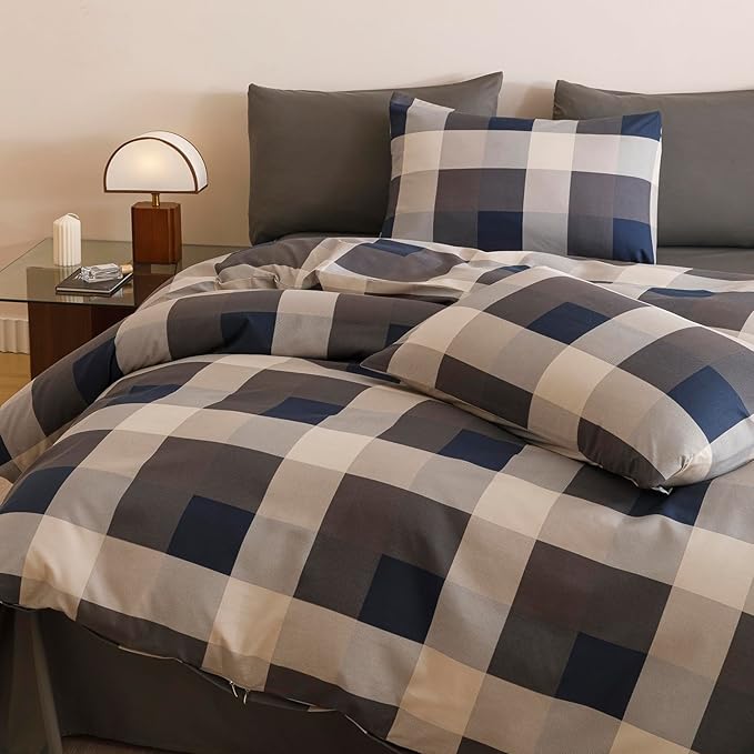 CLOTHKNOW Blue Plaid Comforter Set Twin Gingham Bedding Comforter Sets Soft Buffalo Geometric Comforter Twin Sets