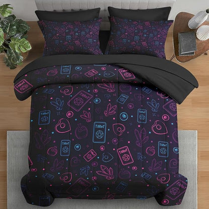 Comforter Set Twin Size, Witchy Purple Blue 5 Pcs Bedding for Kids and Adults, Tarot Board Magic Bed Sheet Sets with Fitted Sheet Pillowcase & Sham for Bedroom Bed Decor