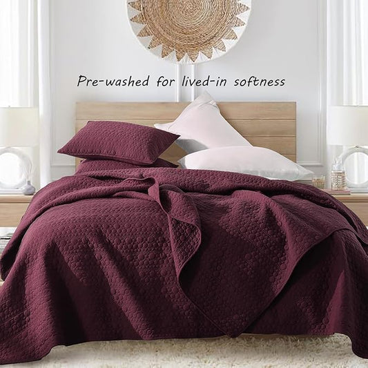HORIMOTE HOME Burgundy Quilt Set Queen Size, Lightweight Soft Pre-Washed Microfiber Circle Pattern Bedspread Coverlet, 3 Pieces Quilt Bedding Set with Pillow Shams for All Season, 90x96 inches