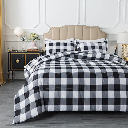 Caressma Buffalo Plaid Comforter Set King, Black White Grid Plaid Comforter Bedding Set for All Seasons, Classic Gingham Pattern Print Soft Microfiber 3 Pieces Comforter with Pillowcases