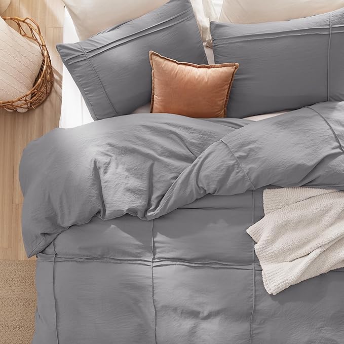 Bedsure Grid Boho Duvet Cover Queen Size - Shabby Chic Tufted Boho Bedding Set, 3 Pieces Shabby Chic Home Bedding for All Seasons, Includes 1 Queen Duvet Cover & 2 Pillowcases (Grey, 90" x 90")