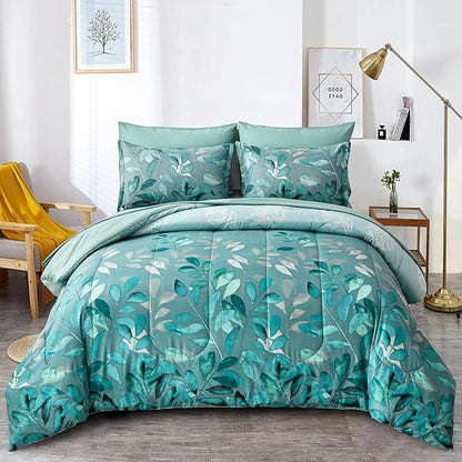 Anibedding Aqua Comforter Set King Size, 7 Pieces Botanical Leaves Reversible Soft Microfiber Bed in a Bag with Sheets Set for All Season (104"x90")