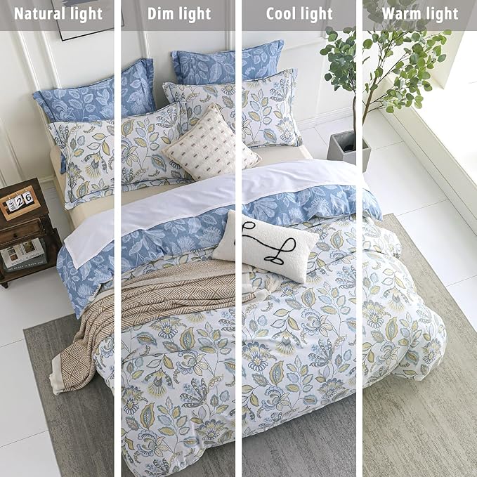 Vintage Botanical Cotton Comforter Queen Size 3PC - Lavish Floral on Bluish White with Frost Blue Back, Reversible Lightweight Comforter Set with Soft Fill(90"×90")