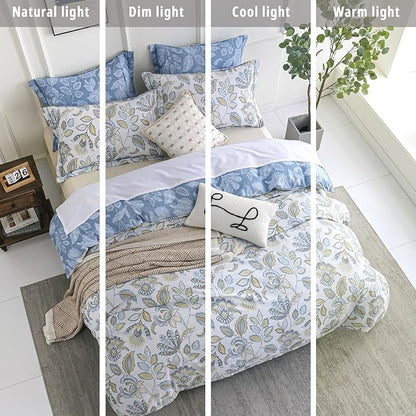 Vintage Botanical Cotton Comforter Queen Size 3PC - Lavish Floral on Bluish White with Frost Blue Back, Reversible Lightweight Comforter Set with Soft Fill(90"×90")