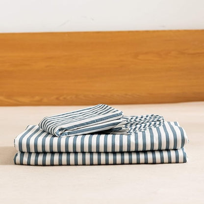 JELLYMONI 100% Natural Cotton 2pcs Striped Duvet Cover Sets,White Duvet Cover with Grayish Blue Stripes Pattern Printed Comforter Cover,with Zipper Closure & Corner Ties(Twin Size)
