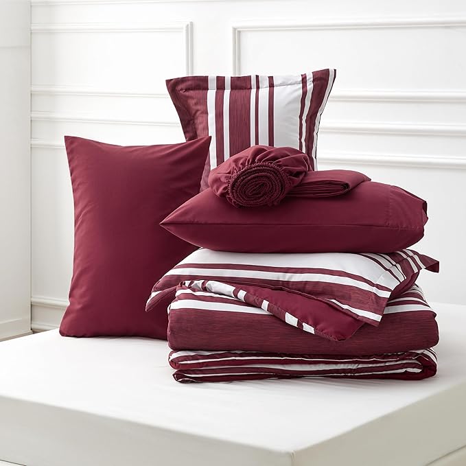 Bedsure Full Comforter Set 7 Pieces, Burgundy Striped Bedding Set for All Seasons, Reversible, Cationic Dyeing Bed in a Bag with Comforter, Sheets, Pillowcases & Shams