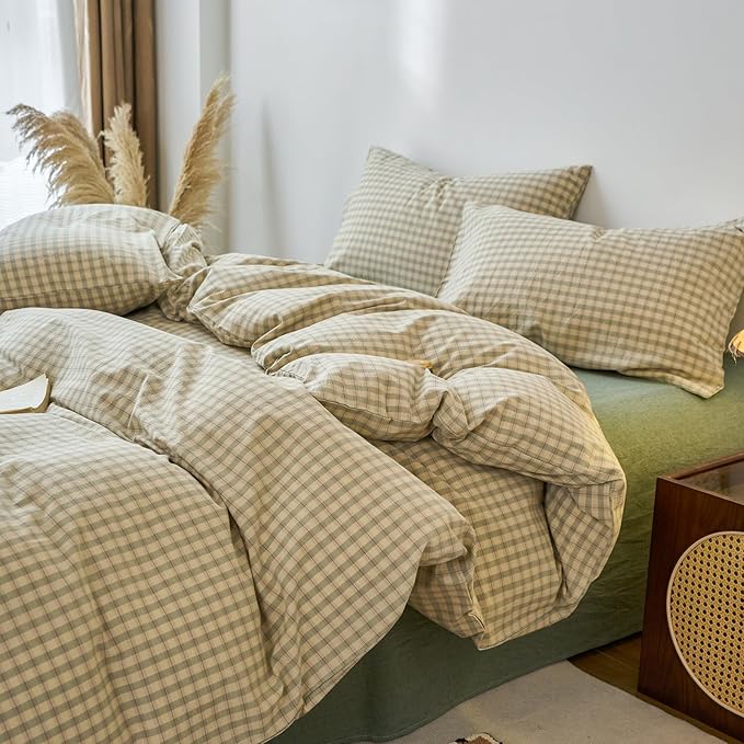 EAVD Vintage Style Green Plaid Duvet Cover Queen Soft 100% Washed Cotton Chic Checkered Gingham Bedding Set with 2 Pillowcases Farmhouse Green Gingham Duvet Cover with Zipper Closure