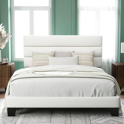 Allewie Queen Size Platform Bed Frame with Velvet Upholstered Headboard | Wooden Slats Support, Fully Upholstered Mattress Foundation, No Box Spring Needed, Easy Assembly, Noise-Free, White