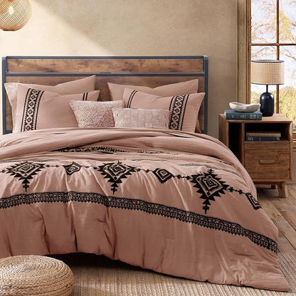 MaiRêve Embroidery Comforter Set, Boho Farmhouse Western Bedding Set, All Season Bed in A Bag Comforter Set with Sheets, Pillowcases & Shams, Dusty Pink Queen 7 Pieces